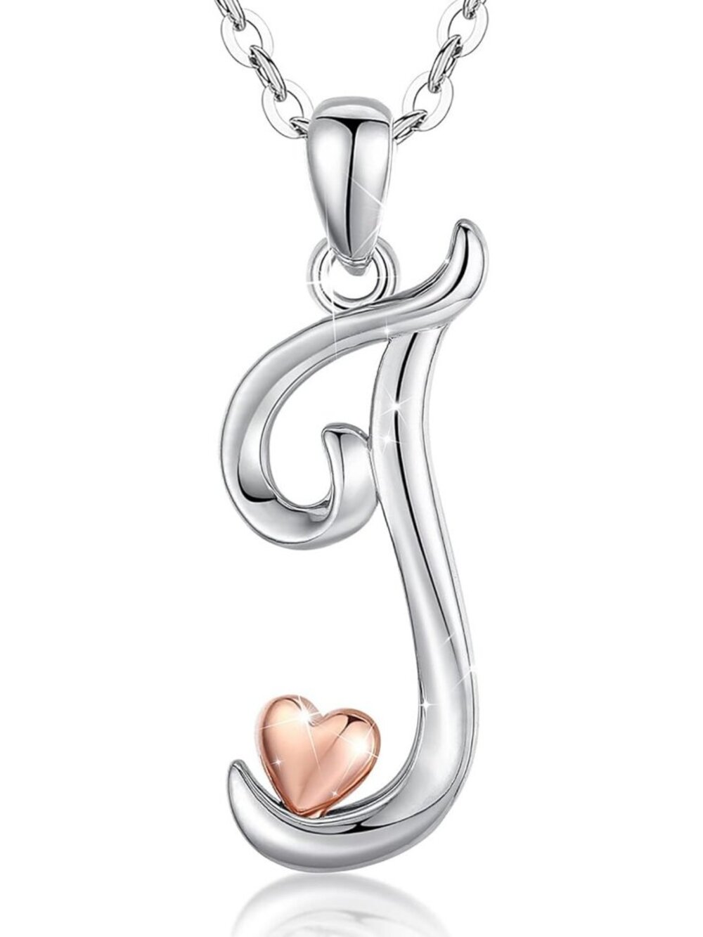 Personalized 925 Sterling Silver Initial Necklace with Rose Gold Heart - 18